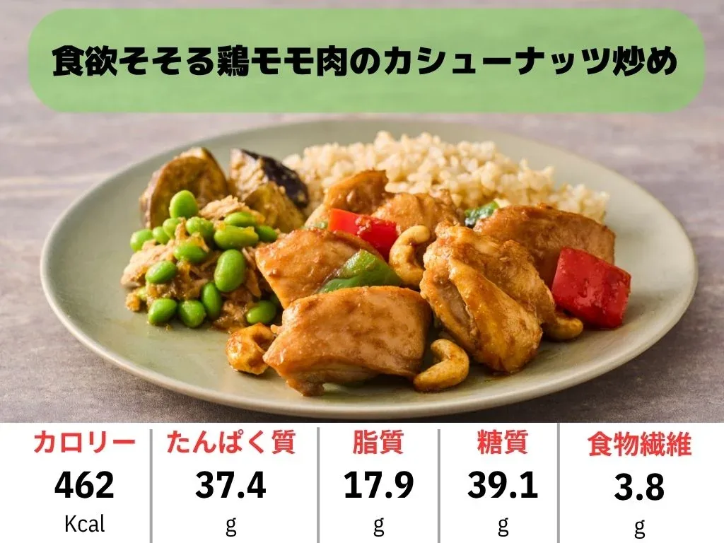 【食欲そそる鶏モモ肉のカシューナッツ炒め】カロリー462Kcal、たんぱく質37.4g、脂質17.9g、糖質39.1g、食物繊維3.8g